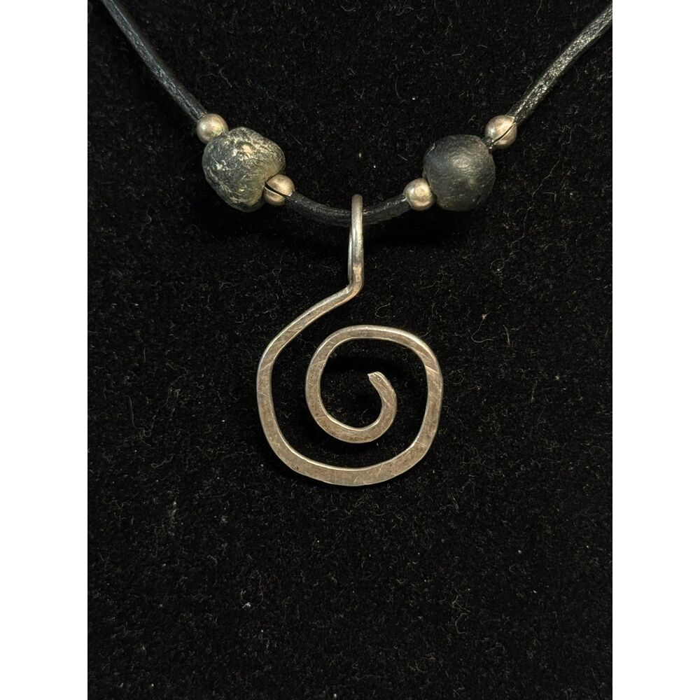 Sterling Spiral Pendant Necklace Lava Beads Leather Cord 14.75"